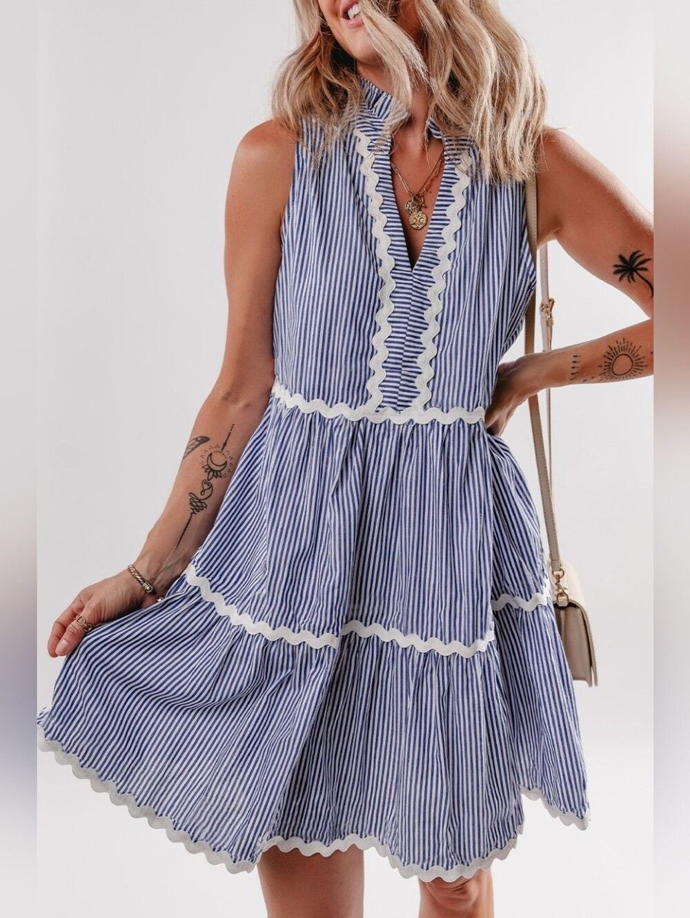 Fun Casual Summer Blue and White Stripe Sleeveless Tiered Country Dress - Picture 5 of 15